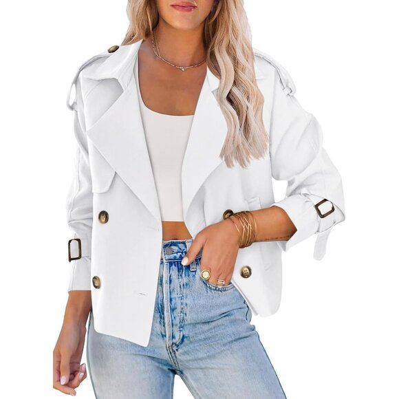 Jackets & Blazers - Women's White Crop Double Breasted Trench Coat Raglan Sleeve Cropped Jacket